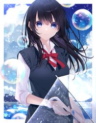 Rule 34 | 1girl, black hair, black sweater vest, blue eyes, blue sky, border, bubble, building, closed mouth, cloud, collared shirt, commentary, hair blowing, highres, holding, kannagi aohi, light smile, looking at viewer, medium hair, original, outdoors, red neckwear, reflection, shirt, sidelocks, sky, solo, standing, sweater vest, transparent, transparent umbrella, umbrella, upper body, white shirt