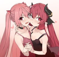 Rule 34 | 2girls, :&lt;, bare arms, bare shoulders, black dress, blue archive, blush, brown background, brown wings, closed mouth, collarbone, commentary request, crossover, curled horns, dress, eyes visible through hair, fang, gradient background, hair between eyes, heart, hidan no aria, highres, holding hands, horns, interlocked fingers, junko (blue archive), kanzaki h. aria, long hair, looking at viewer, low wings, multiple girls, open mouth, pink hair, pointy ears, red dress, red eyes, red hair, sleeveless, sleeveless dress, twintails, uno ryoku, very long hair, white background, wings