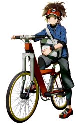 Rule 34 | 1boy, bag, bicycle, black shirt, brown eyes, brown hair, creatures (company), emje (uncover), frown, full body, game freak, grey shorts, hat, holding, holding bag, jacket, layered sleeves, long sleeves, looking away, male focus, nate (pokemon), nintendo, pants under shorts, pokemon, pokemon bw2, red footwear, red hat, shirt, shoes, short hair, short over long sleeves, short sleeves, shorts, shoulder bag, sideways glance, simple background, sleeves rolled up, sneakers, solo, visor cap, watch, white background, wristwatch, zipper