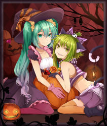Rule 34 | 2girls, animal ears, argyle, argyle background, argyle clothes, bare shoulders, bat (animal), breasts, candy, cat ears, cat tail, choker, cleavage, fangs, food, gloves, green eyes, green hair, gumi, halloween, hat, hatsune miku, holding, holding with tail, jack-o&#039;-lantern, lantern, lollipop, long hair, looking at viewer, midriff, multiple girls, open mouth, pantyhose, prehensile tail, revision, sakia, short hair, sitting, skirt, small breasts, smile, swirl lollipop, tail, thighhighs, tree, twintails, vocaloid, wariza, witch hat