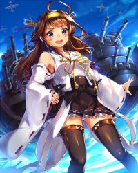 Rule 34 | 10s, 1girl, :d, ahoge, aircraft, airplane, blush, boots, brown hair, detached sleeves, double bun, frilled skirt, frills, hairband, japanese clothes, kantai collection, kongou (kancolle), long hair, looking at viewer, open mouth, panties, pantyshot, personification, purple eyes, ribbon-trimmed sleeves, ribbon trim, skirt, smile, solo, standing, suika01, thigh boots, thighhighs, turret, underwear, upskirt, white panties, zettai ryouiki