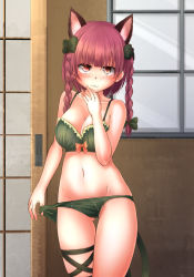 Rule 34 | 1girl, :3, adworse, animal ears, bare arms, bare shoulders, blush, bow, bra, braid, breasts, cat ears, cat tail, cleavage, cowboy shot, gluteal fold, green bow, green bra, green panties, groin, hair bow, hand up, highres, kaenbyou rin, large breasts, leg ribbon, long hair, navel, panties, panty pull, pulled by self, red eyes, red hair, ribbon, smile, solo, stomach, tail, thigh gap, touhou, twin braids, underwear, underwear only