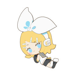 Rule 34 | 1girl, black sailor collar, black shorts, black sleeves, blonde hair, blue eyes, bow, chibi, chinese commentary, closed mouth, crossed legs, detached sleeves, from behind, full body, hair bow, headset, highres, indai (3330425), kagamine rin, light blush, light smile, looking at viewer, looking back, lying, medium hair, midriff peek, on ground, on stomach, parted bangs, sailor collar, sailor shirt, shirt, shorts, simple background, sleeveless, sleeveless shirt, solo, vocaloid, white background, white bow, white shirt