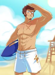 Rule 34 | 1boy, abs, absurdres, alternate costume, bare pectorals, beach, blue eyes, brown hair, cross scar, day, facial hair, fate/grand order, fate (series), feet out of frame, goatee, highres, holding, holding surfboard, long sideburns, looking at viewer, male focus, male swimwear, muscular, muscular male, napoleon bonaparte (fate), navel, nipples, no nipples, pectorals, salute, sand, scar, scar on chest, short hair, sideburns, smile, solo, stomach, surfboard, swim trunks, vincent-san, white male swimwear