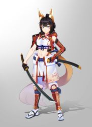 Rule 34 | 1girl, animal ears, armor, bad id, bad twitter id, black gloves, black hair, blue eyes, blunt bangs, breasts, closed mouth, commentary request, detached sleeves, facial mark, fox ears, fox tail, gloves, grey background, hair ornament, hairclip, half gloves, highres, holding, holding sword, holding weapon, japanese armor, kagiyama (clave), katana, kusazuri, large breasts, legs apart, looking at viewer, midriff, navel, original, samurai, sandals, sash, scabbard, shadow, sheath, single detached sleeve, solo, sword, tabi, tail, thick eyebrows, unsheathed, weapon, white legwear