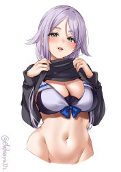 Rule 34 | 1girl, aqua eyes, bikini, bikini top only, blue bow, blue bowtie, bow, bow bikini, bowtie, breasts, cleavage, clothes lift, cropped torso, ebifurya, front-tie bikini top, front-tie top, groin, hair flaps, hair tie, highres, kantai collection, large breasts, long hair, looking at viewer, mole, mole under eye, multicolored bikini, multicolored clothes, navel, one-hour drawing challenge, parted bangs, simple background, smile, solo, stomach, sweater, sweater lift, swimsuit, twitter username, umikaze (kancolle), upper body, very long hair, white background, white hair