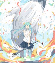 Rule 34 | 1girl, aqua hair, bad drawr id, bad id, black skirt, blue thighhighs, bow, confetti, expressionless, hair bow, hand on own arm, hatsune miku, holding, holding microphone stand, jitome, long hair, looking at viewer, microphone, microphone stand, multicolored background, oekaki, orange bow, shirt, skirt, sleeveless, sleeveless shirt, solo, splashing, standing, straight-on, suya000, thighhighs, twintails, vocaloid, whale, white shirt