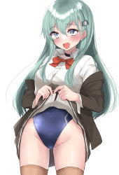 Rule 34 | 1girl, :d, black choker, black jacket, black skirt, blazer, blush, bow, breasts, brown thighhighs, choker, clothes lift, collared shirt, commentary request, competition swimsuit, dress shirt, fang, green hair, grey eyes, hair between eyes, hair ornament, hairclip, jacket, kantai collection, lifted by self, long hair, medium breasts, off shoulder, one-piece swimsuit, open clothes, open jacket, open mouth, pleated skirt, red bow, sasakura (calicchio), shirt, simple background, skirt, skirt lift, smile, solo, suzuya (kancolle), swimsuit, swimsuit under clothes, thighhighs, very long hair, white background, white shirt