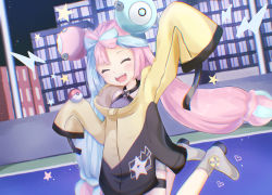 Rule 34 | 1girl, bow-shaped hair, character hair ornament, creatures (company), game freak, grey pantyhose, gym leader, hair ornament, hexagon print, highres, iono (pokemon), jacket, long hair, low-tied long hair, multicolored hair, nintendo, oversized clothes, pantyhose, pokemon, pokemon sv, sharp teeth, single leg pantyhose, sleeves past fingers, sleeves past wrists, solo, split-color hair, teeth, very long sleeves, x, yamabuki humi, yellow jacket