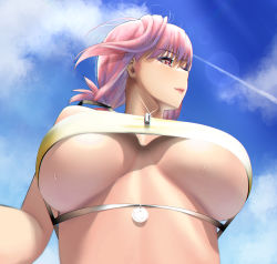 Rule 34 | 1girl, bikini, blue sky, braid, braided ponytail, breasts, chaldea lifesavers, cloud, cloudy sky, commentary request, day, fate/grand order, fate (series), florence nightingale (chaldea lifesavers) (fate), florence nightingale (fate), from below, highres, karakari, large breasts, long hair, looking to the side, pink hair, red eyes, sky, smile, solo, sparkle, swimsuit, wet, yellow bikini