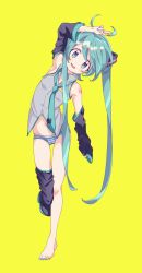 Rule 34 | 1girl, ahoge, aqua eyes, aqua hair, armpits, bad id, bad pixiv id, blush, breasts, detached sleeves, full body, hair ornament, hatsune miku, highres, ibashi roni, leg up, long hair, nail polish, navel, necktie, open mouth, panties, shirt, simple background, sleeveless, solo, standing, striped clothes, striped panties, thigh gap, toenail polish, toenails, twintails, underwear, very long hair, vocaloid, yellow background