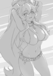 Rule 34 | 1girl, :d, anne bonny (fate), arms behind head, bad id, bad nijie id, bikini, breasts, cleavage, collar, fate/grand order, fate (series), greyscale, hat, highres, large breasts, long hair, looking at viewer, monochrome, navel, open mouth, pirate hat, side-tie bikini bottom, smile, solo, swimsuit, very long hair, zee (zee sub)