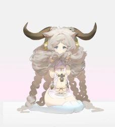 Rule 34 | 1girl, absurdres, animal ears, bell, belt buckle, blue eyes, braid, buckle, closed mouth, clothing cutout, cow ears, cow horns, dokshuri, earrings, flat chest, full body, gradient background, hands in hair, highres, holding, holding hair, horns, jewelry, light brown hair, long hair, looking at viewer, navel, navel cutout, original, panties, sitting, smile, solo, thighhighs, underwear, very long hair, wariza, white panties, white thighhighs