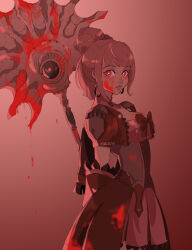 Rule 34 | 1girl, blood, bloody weapon, commentary, cowboy shot, dress, earrings, eiriseth, eyeshadow, fire emblem, fire emblem: three houses, fire emblem warriors: three hopes, hair bun, highres, hilda valentine goneril, holding, holding weapon, jewelry, looking at viewer, makeup, nintendo, official alternate costume, official alternate hairstyle, pink hair, red eyeshadow, sidelocks, solo, weapon