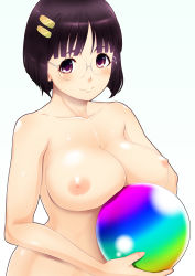 Rule 34 | 1girl, black hair, blush, breast rest, breasts, glasses, hair ornament, hairclip, highres, large breasts, looking at viewer, navel, nipples, orb, original, purple eyes, short hair, smile, solo, tomatto (@ma!), upper body