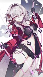 Rule 34 | 1girl, anklet, belly, black choker, black gloves, black pantyhose, black shorts, bright pupils, choker, gloves, hair ornament, highres, holding, holding string, holding weapon, honkai (series), honkai impact 3rd, jacket, jewelry, karamaru626, long hair, long sleeves, looking at viewer, navel, pantyhose, purple eyes, purple ribbon, red jacket, red ribbon, ribbon, ribbon hair ornament, shadow, shorts, simple background, single bare leg, single bare shoulder, single leg pantyhose, sky, smile, solo, solo focus, star (sky), starry sky, string, thelema (honkai impact), thighs, tongue, tongue out, very long hair, weapon, white background, white hair, white pupils