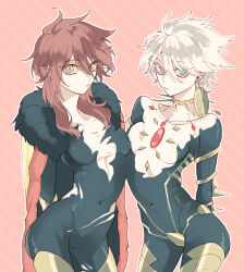 Rule 34 | 2girls, areola slip, arms behind back, asymmetrical docking, blue eyes, boots, breast press, breasts, collar, commentary request, earrings, eyeliner, fate/grand order, fate (series), genderswap, genderswap (mtf), hair between eyes, highres, jewelry, karna (fate), long eyelashes, long hair, looking at viewer, makeup, multiple girls, navel, outline, pale skin, pink background, red eyeliner, red hair, shiny skin, short hair, skindentation, sm, small breasts, spiked collar, spikes, standing, thigh boots, white hair, white outline, yellow eyes