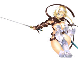 Rule 34 | 00s, 1girl, :o, blonde hair, blue eyes, braid, exiled warrior leina, hairband, leina (queen&#039;s blade), leina (queen's blade), nakamura yukitoshi, open mouth, queen&#039;s blade, revealing clothes, short hair with long locks, side braid, simple background, solo, sword, twin braids, weapon, white background
