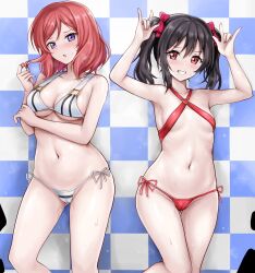 Rule 34 | 2girls, arm under breasts, bare arms, bare shoulders, bikini, black hair, blue background, blush, bow, breasts, breath, cameltoe, checkered background, cleavage, collarbone, cutie panther, double w, flat chest, gluteal fold, grin, hair bow, twirling hair, hand up, highres, looking at viewer, love live!, love live! school idol project, medium breasts, medium hair, micro bikini, multiple girls, navel, nishikino maki, parted lips, playing with own hair, purple eyes, r-binon, red bikini, red bow, red eyes, red hair, revision, side-tie bikini bottom, sidelocks, smile, standing, stomach, string bikini, striped bikini, striped clothes, sweat, sweatdrop, swimsuit, thighs, tile wall, tiles, twintails, w, wet, white bikini, yazawa nico