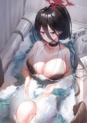 Rule 34 | 1girl, alternate costume, bad id, bad twitter id, bare arms, bare shoulders, bathing, bathroom, bathtub, black choker, black hair, black one-piece swimsuit, black wings, blue archive, blush, breasts, caba (caba091), choker, cleavage, closed mouth, commentary, curtains, faucet, feathered wings, from above, hair between eyes, halo, halterneck, hasumi (blue archive), highres, indoors, knee up, large breasts, long hair, looking at viewer, low wings, one-piece swimsuit, partially submerged, ponytail, red eyes, red halo, sidelocks, sitting, soap bubbles, solo, swimsuit, tile wall, tiles, very long hair, water, wet, wings