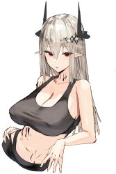 Rule 34 | 1girl, arknights, bell, black bra, black sports bra, bra, breasts, cleavage, covered erect nipples, crop top, grey hair, hair bell, hair ornament, hand on own hip, highres, horn/wood, horns, large breasts, long hair, looking at viewer, material growth, mudrock (arknights), mudrock (elite ii) (arknights), oripathy lesion (arknights), parted lips, pointy ears, red eyes, simple background, solo, sports bra, underwear, white background