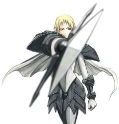 Rule 34 | 00s, aiming, aiming at viewer, armor, blonde hair, blurry, cape, claymore (series), claymore (sword), depth of field, foreshortening, hilda (claymore), lowres, simple background, solo, sword, weapon, white background