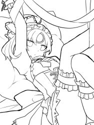 Rule 34 | 1girl, ap@meito, bridal garter, corset, elsword, eve (elsword), finger to own chin, greyscale, hair ribbon, maid, monochrome, parted bangs, ribbon, solo, tagme, white background
