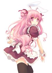 Rule 34 | 1girl, animal ears, apron, black thighhighs, blush, drill hair, long hair, looking at viewer, looking back, maid, maid apron, pink eyes, pink hair, rabbit ears, simple background, smile, solo, thighhighs, tokira nozumi, waist apron, white background, wrist cuffs, zettai ryouiki