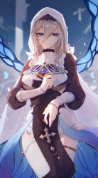 Rule 34 | 1girl, absurdres, aponia (honkai impact), bare legs, black choker, black dress, black sleeves, blonde hair, blue eyes, breasts, butterfly wings, chinese commentary, choker, commentary request, cowboy shot, dress, fake wings, hair between eyes, halterneck, hand up, highres, honkai (series), honkai impact 3rd, huge breasts, insect wings, lace, lace choker, looking at viewer, mole, mole under eye, pelvic curtain, silence (pixiv18541142), skindentation, smile, solo, standing, thigh strap, underboob, white sleeves, white veil, wings