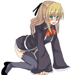 Rule 34 | 1girl, all fours, aqua eyes, black footwear, blush, bow, bowtie, green eyes, half updo, kurosho, light brown hair, long sleeves, open mouth, quiz magic academy, school uniform, shalon, shoes, simple background, solo, thighhighs, white background, wide sleeves