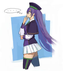 Rule 34 | 1girl, atlas academy school uniform, b suke, closed mouth, cropped legs, fate/grand order, fate (series), from side, glasses, hand on own face, highres, jacket, long sleeves, looking up, purple eyes, purple hair, purple jacket, purple thighhighs, school uniform, simple background, sion eltnam sokaris, skirt, solo, thighhighs, thinking, thought bubble, white skirt