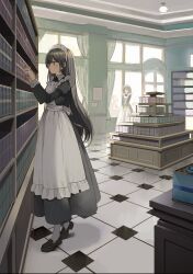 Rule 34 | 2girls, apron, black dress, black footwear, black hair, blush, book, bookshelf, closed mouth, collared dress, commentary request, curtains, day, dress, frilled apron, frills, hands up, highres, indoors, juliet sleeves, light blush, long hair, long sleeves, looking away, maid, maid apron, maid headdress, multiple girls, original, puffy sleeves, shii (kairi-t-k0317), shoes, solo focus, standing, v arms, very long hair, white apron, window