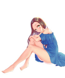 Rule 34 | 1girl, absurdres, bare shoulders, barefoot, blush, brown hair, dress, from side, full body, green eyes, highres, knees to chest, legs, long hair, looking at viewer, looking to the side, original, qian bao liushang, simple background, sitting, smile, solo, white background