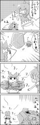 Rule 34 | 1girl, 4koma, ^^^, animal ears, bow, braid, cat ears, cat tail, cirno, comic, commentary request, fairy, flying, greyscale, hair bow, highres, ice, ice wings, kaenbyou rin, letty whiterock, lying, monochrome, multiple tails, scarf, tail, tani takeshi, throwing, touhou, translation request, trembling, twin braids, wings, yukkuri shiteitte ne
