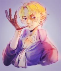 Rule 34 | 1boy, arm up, ascot, biting, blonde hair, blue eyes, blue shirt, brown gloves, collar, collarbone, collared shirt, daoorz, glove biting, gloves, gradient background, grey background, long sleeves, looking at viewer, male focus, one piece, parted lips, sabo (one piece), scar, shirt, short hair, simple background, sleeves rolled up, solo, teeth, upper body, white ascot