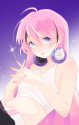 Rule 34 | 1girl, absurdres, artist request, bad source, cookie run, crop top, eyebrows hidden by hair, headphones, highres, humanization, lips, long hair, looking at viewer, one eye closed, pants, personification, pink hair, shining glitter cookie, smile, solo, source request, sparkle