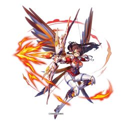 Rule 34 | 1girl, armor, arrow (projectile), bow (weapon), breastplate, brown hair, commentary request, copyright name, fire, full body, glasses, gloves, green eyes, holding, holding bow (weapon), holding weapon, jpeg artifacts, kamihime project, long hair, mole, mole under mouth, official art, pants, ponytail, simple background, solo, thighhighs, weapon, white background, wings