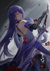 Rule 34 | 1girl, absurdres, acheron (honkai: star rail), armpit crease, back, bandaged arm, bandaged leg, bandages, bare shoulders, black choker, chain, chain around arm, choker, coat, coattails, commentary request, cowboy shot, detached sleeves, dser5358, flower, from behind, hair over one eye, highres, holding, holding sword, holding weapon, honkai: star rail, honkai (series), long hair, looking at object, multicolored hair, outdoors, purple eyes, purple hair, red flower, scabbard, sheath, sheathed, single detached sleeve, solo, streaked hair, sunlight, sword, thighs, very long hair, water drop, weapon, white coat