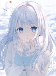 Rule 34 | 1girl, absurdres, blue eyes, breath, frills, grey jacket, hands up, highres, jacket, long hair, long sleeves, looking at viewer, open mouth, original, outdoors, ruruka 003, scarf, snow, snowman, solo, upper body, white hair, white scarf