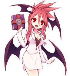 Rule 34 | 1girl, alternate costume, alternate hairstyle, bat wings, book, breasts, cleavage, contemporary, cowboy shot, hair between eyes, head wings, hexagram, holding, holding book, jacket, koakuma, kuresento, long hair, long sleeves, looking at viewer, md5 mismatch, open mouth, red eyes, red hair, resized, resolution mismatch, simple background, skirt, smile, solo, source larger, standing, touhou, white background, white jacket, white skirt, wings