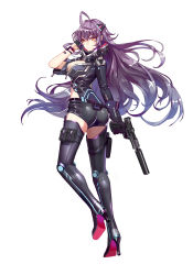Rule 34 | 1girl, ahoge, ass, asymmetrical sleeves, barcode, barcode tattoo, black footwear, black gloves, boots, breasts, cleavage, d. (ddot2018), elaine (iron saga), fingerless gloves, floating hair, from behind, full body, gloves, gun, hair ornament, handgun, headgear, high heel boots, high heels, holding, holding gun, holding weapon, holster, iron saga, jacket, large breasts, long hair, looking at viewer, looking back, official art, orange eyes, pistol, purple hair, shiny clothes, shiny skin, short shorts, shorts, sideboob, skin tight, smile, solo, suppressor, tattoo, thigh boots, thigh holster, thighhighs, uneven sleeves, very long hair, weapon, white background, yellow eyes
