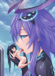 Rule 34 | 10s, 2girls, ass, blue eyes, blush, breasts, destruction, closed eyes, female focus, giant, giantess, jiffic, licking, licking finger, long hair, multiple girls, neptune (neptunia), neptune (series), next purple, nipples, noire (neptunia), nude, open mouth, purple heart (neptunia), shin jigen game neptune vii, size difference, small breasts, symbol-shaped pupils, tongue, tongue out, twintails, very long hair, yuri