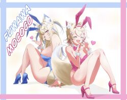 Rule 34 | 2girls, absurdres, animal ear fluff, animal ears, blonde hair, blue hair, blue leotard, bow, bowtie, breasts, character name, detached collar, dog ears, dog girl, dog tail, fake animal ears, fuwawa abyssgard, hair ornament, hashiguchi hayato, highres, hololive, hololive english, large breasts, leotard, long hair, looking at viewer, mococo abyssgard, multicolored hair, multiple girls, one eye closed, open mouth, pink eyes, pink hair, pink leotard, playboy bunny, rabbit ears, siblings, sisters, strapless, strapless leotard, streaked hair, tail, twins, virtual youtuber, wrist cuffs, x hair ornament
