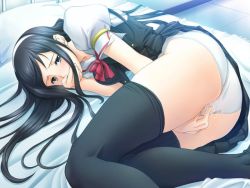 Rule 34 | 1girl, ass, bed, black eyes, black hair, black thighhighs, blush, censored, covering face, covering own mouth, covering privates, female masturbation, game cg, hairband, hand over mouth, kotoshiro misao, long hair, ma wo jutai seshi otome no kuetsu, masturbation, mosaic censoring, panties, pillow, pussy juice, ribbon, school uniform, serafuku, solo, thighhighs, underwear, wet, wet clothes, wet panties, white panties