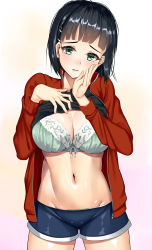 Rule 34 | 1girl, absurdres, black hair, black shirt, blue shorts, blunt bangs, blush, bra, breasts, cleavage, clothes lift, cowboy shot, gradient background, green bra, green eyes, hair ornament, hairclip, head tilt, highres, jacket, kirigaya suguha, large breasts, legs apart, lifting own clothes, long sleeves, looking at viewer, multicolored background, nail polish, navel, nose blush, open clothes, open jacket, parted lips, pink nails, raised eyebrows, red jacket, shirt, shirt lift, short hair, shorts, solo, standing, stomach, suika (atelier-yuu), sword art online, tareme, track jacket, underwear, unzipped