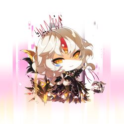 Rule 34 | 1girl, boots, chibi, cleavage cutout, clothing cutout, code: antithese (elsword), commentary request, crown, dress, elsword, energy, eve (elsword), evil grin, evil smile, facial mark, flat chest, gloves, grin, highres, long hair, looking at viewer, machine, marionette, moby (elsword), mulook, orange eyes, puppet, remy (elsword), robot, slit pupils, smile, teeth, transparent, transparent background, wavy hair, white hair