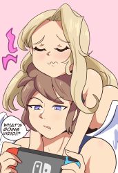 Rule 34 | 1boy, 1girl, angel wings, blonde hair, blue eyes, blue tank top, brown hair, closed eyes, clothed male nude female, girl on top, handheld game console, highres, holding, holding handheld game console, joy-con, karbuitt, kid icarus, kid icarus uprising, light blush, long hair, lying on person, nintendo, nintendo switch, nude, on person, open mouth, pink background, pit (kid icarus), squiggle, tank top, upper body, viridi, wavy mouth, wings