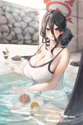 Rule 34 | 1girl, :o, absurdres, alternate costume, black hair, black wings, blue archive, blurry, blurry background, blush, breasts, cake, cake slice, casual one-piece swimsuit, chocolate cake, cleavage, collarbone, depth of field, food, ggz (gguzal 95), hair between eyes, halo, hasumi (blue archive), highres, huge breasts, long hair, long hair between eyes, looking at viewer, mole, mole under eye, one-piece swimsuit, parfait, partially submerged, red eyes, refraction, solo, stone wall, swimsuit, teeth, upper teeth only, wall, water drop, white one-piece swimsuit, wings