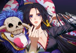 Rule 34 | 1girl, animal, black hair, blue eyes, boa hancock, closed mouth, commentary, earrings, fangs, highres, jewelry, long hair, looking at viewer, one piece, open mouth, salome (one piece), skull, snake, snake earrings, water4829