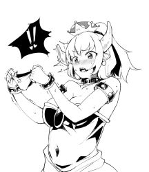 Rule 34 | !, !!, 1girl, armlet, blush, bowsette, bracelet, breasts, brooch, cleavage, collar, commentary request, crown, dress, earrings, greyscale, heart, holding, holding clothes, holding panties, holding underwear, horns, jewelry, kinosaki jack, large breasts, long hair, mario (series), monochrome, new super mario bros. u deluxe, nintendo, nose blush, panties, pointy ears, ponytail, print panties, sharp teeth, simple background, solo, strapless, strapless dress, super crown, super mario rpg, teeth, trembling, underwear, unworn panties, white background
